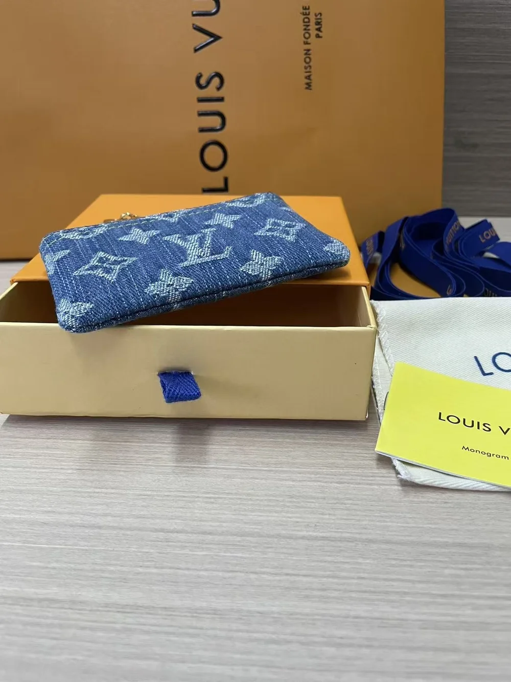 Louis Vuitton Blue Monogram Denim Key & Card Holder with Gold Chain